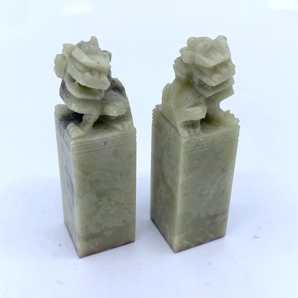 Handmade Other - Vintage Chinese Soapstone Foo Dog Seal Pair DRAGON & EXCELLENT 2.5" Carved Chop